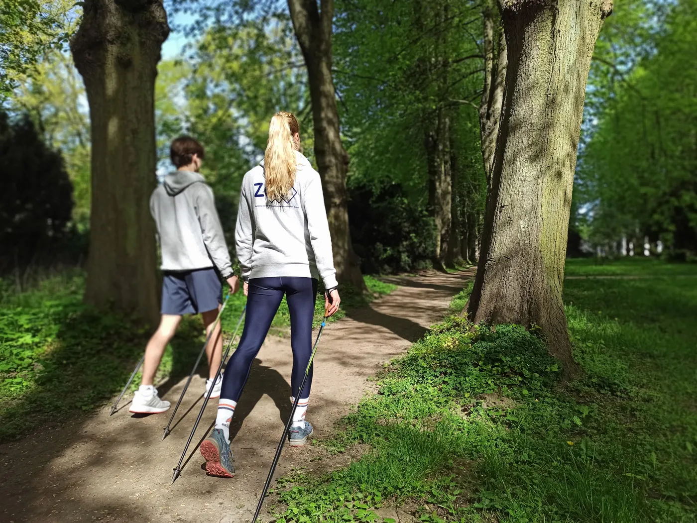 Zwei Personen gehen mit Nordic-Walking-Stöcken auf einem schmalen Weg durch einen Wald.