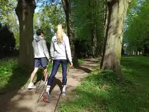 Zwei Personen gehen mit Nordic-Walking-Stöcken auf einem schmalen Weg durch einen Wald.