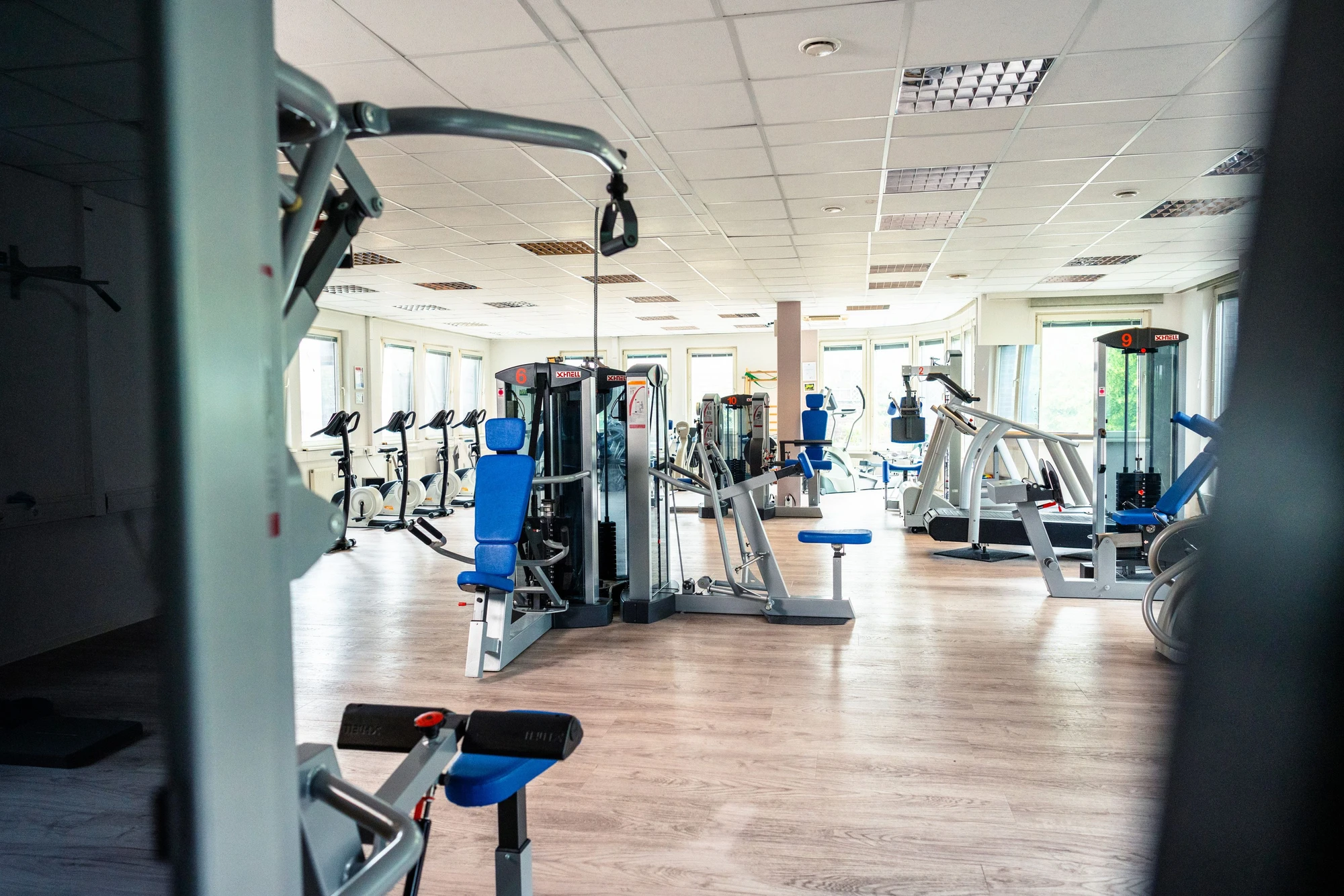 Moderne Fitnessstudio-Ausrüstung in einem hellen, offenen Raum mit Holzfußboden.