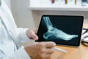 Ein Arzt analysiert ein Röntgenbild des Fußgelenks auf einem Tablet.